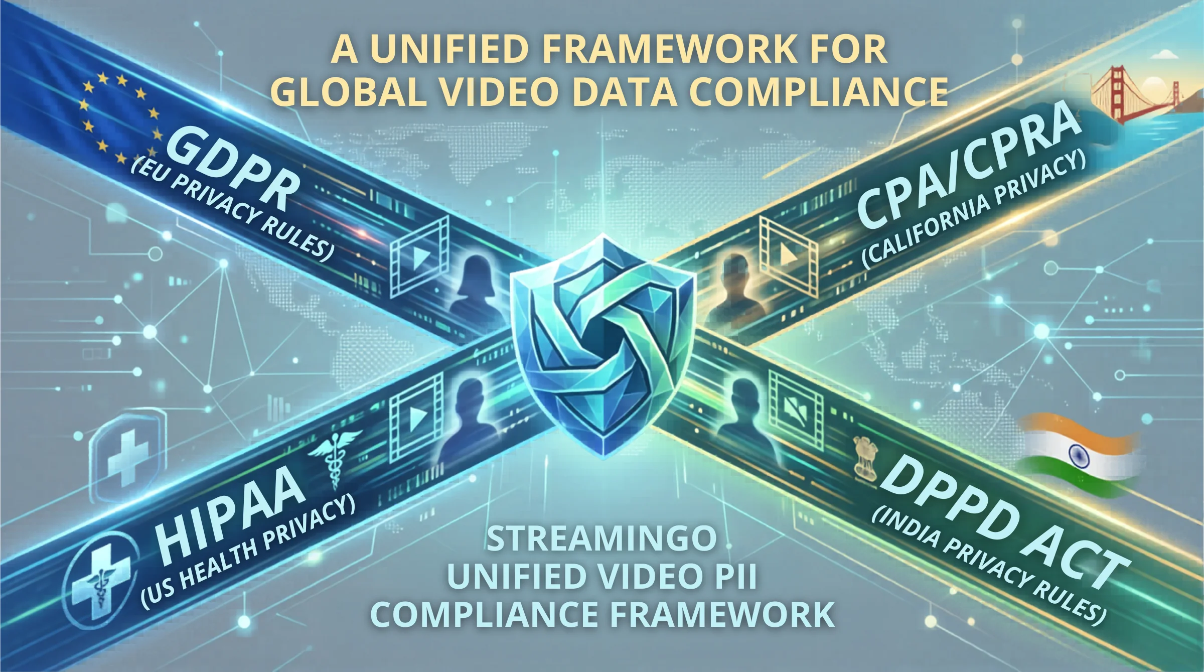 Streamingo Unified Video PII Compliance Framework — GDPR, HIPAA, CCPA/CPRA, and DPDP Act converging into a central compliance shield